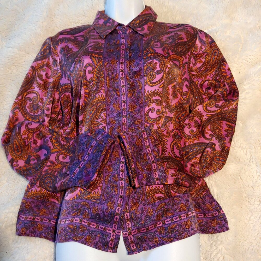 Finity Studio Dressy Colorful Purple Paisley 100% Silk L-Sleeve Button Size 12
